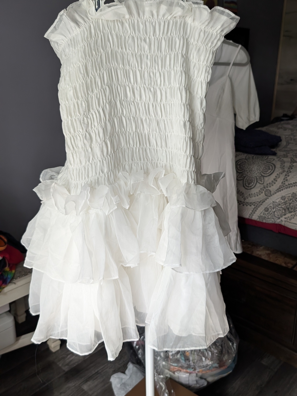 SHEIN White Strapless Smocked Ruffle Tiered Dress